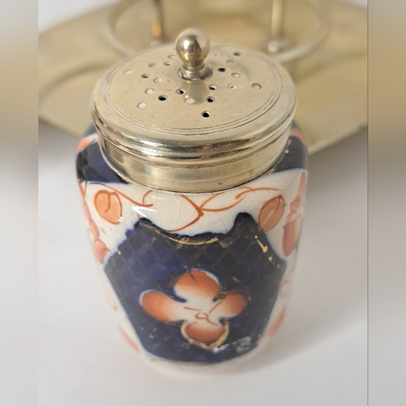 Vintage 1940's English Hand Painted Imari Style Condiment Set  EPNS Silver Plate - Picture 10 of 13